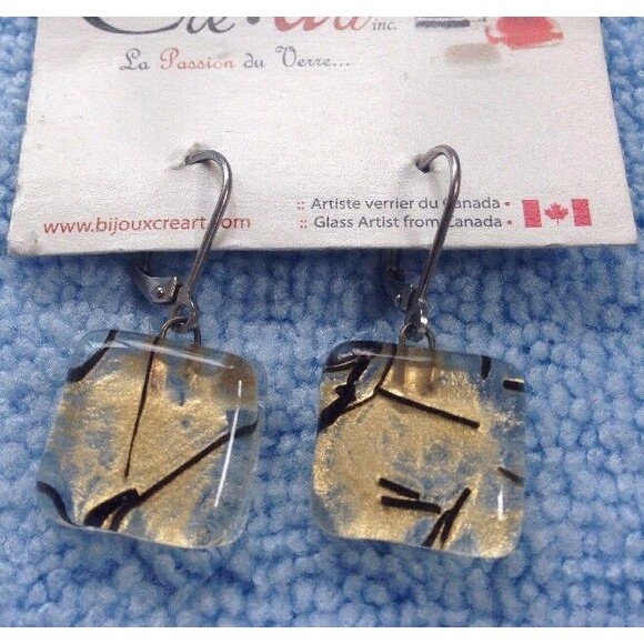 Bijoux Cre-Art Glass Square Dangle Earrings Clear Gold Color Black Canadian Art - Picture 4 of 4